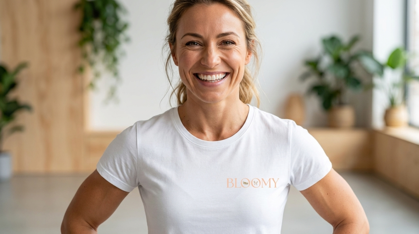 Woman smiling in the white Bloomy tee